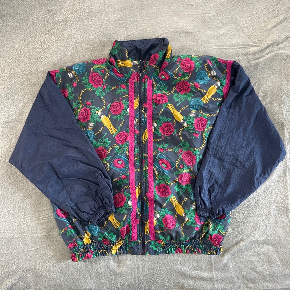 Vintage floral windbreaker jacket 90s bold print colorblock XL